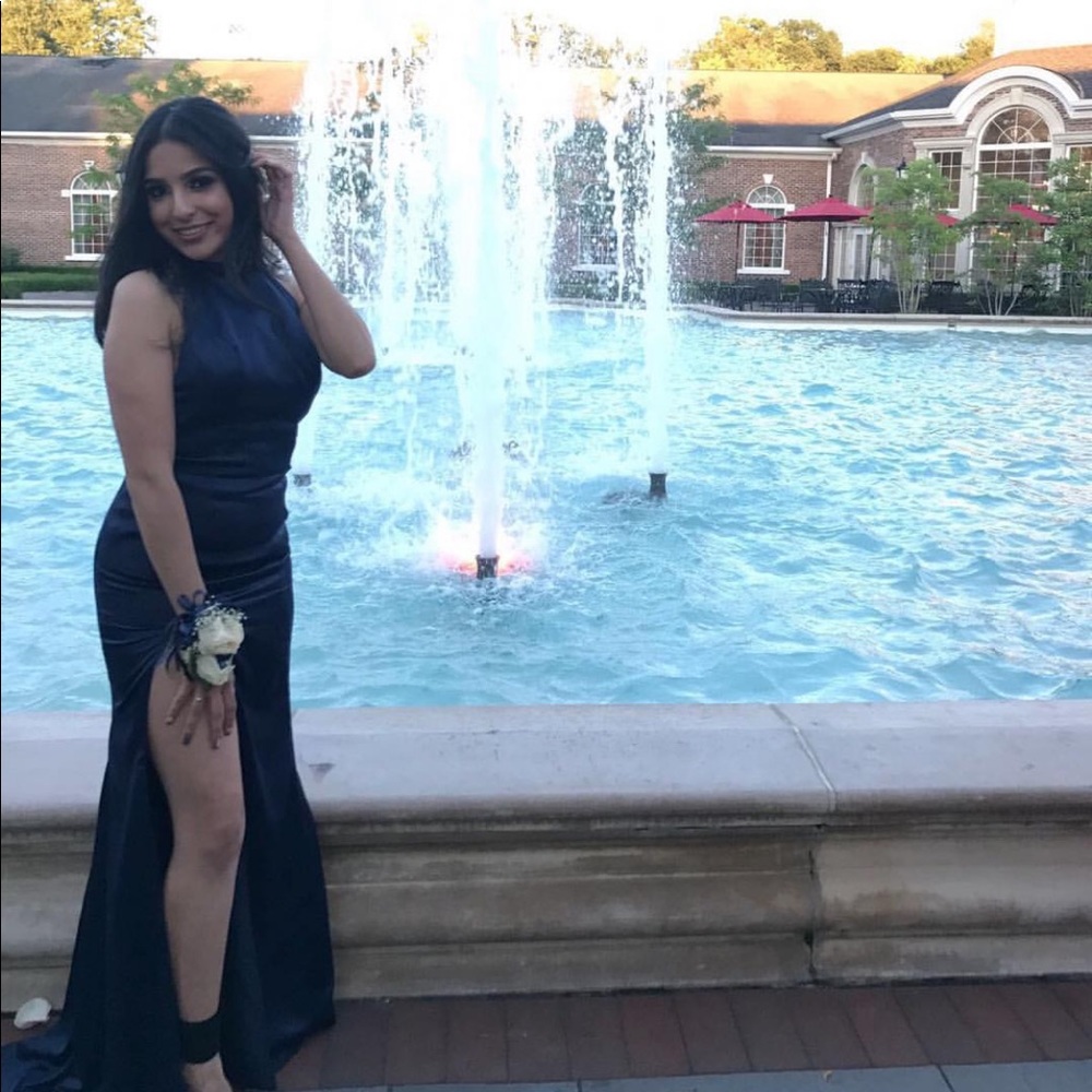 Simple navy blue silk dress.